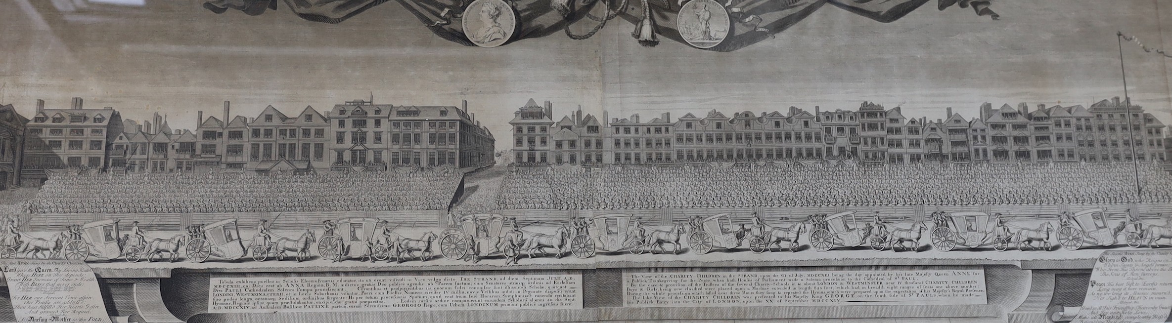 George Vertue, engraving, ‘View of the charity children in The Strand … 1715’, 39 x 128cm and a Buck engraving, South West Prospect of the City of Lichfield, 32 x 80cm